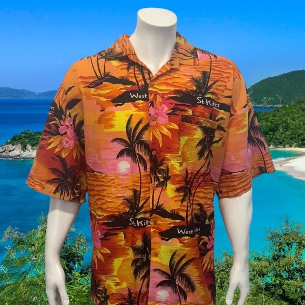 Vintage Rima Hawaiian Orange Yellow Floral St. Kitts West Indies Shirt 2XL XXL